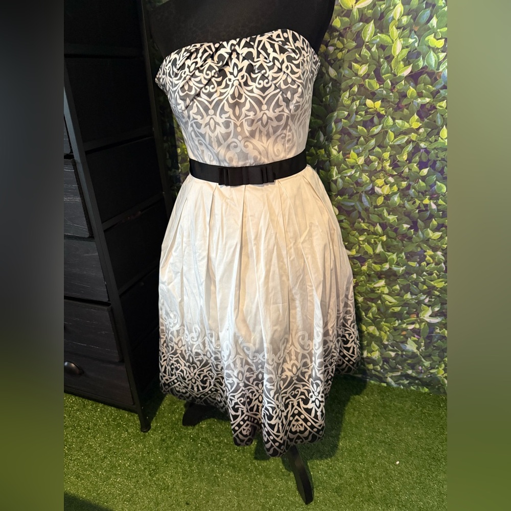 White House Black Market Black and White Strapless Midi Dress